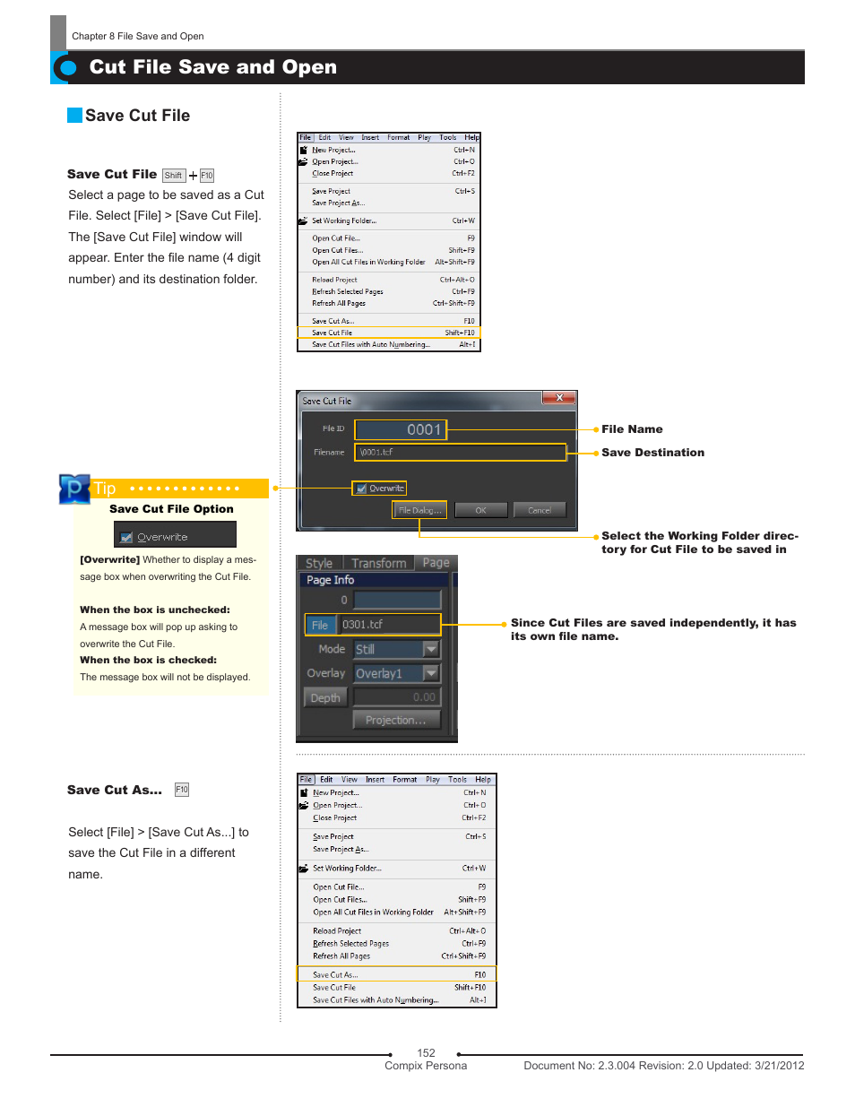 Cut file save and open, Save cut file | Compix Persona User Manual | Page 152 / 209
