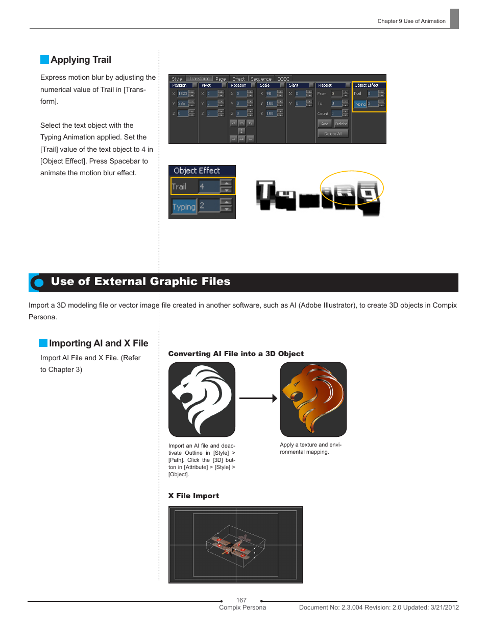 Use of external graphic files, Applying trail, Importing ai and x file | Compix Persona User Manual | Page 167 / 209