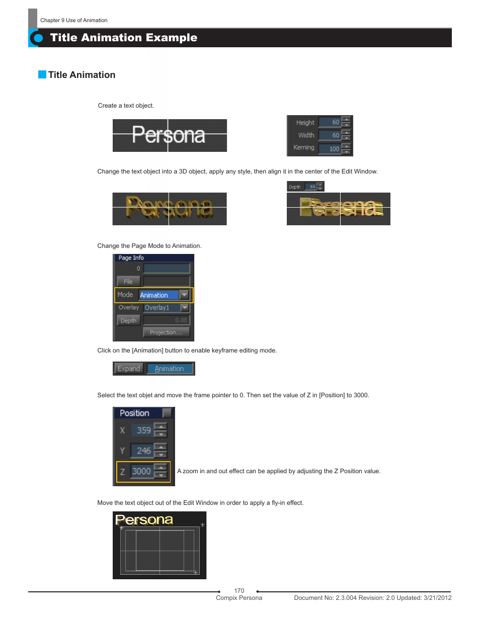 Title animation example, Title animation | Compix Persona User Manual | Page 170 / 209