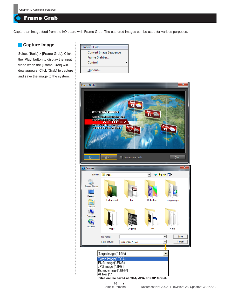 Frame grab, Capture image | Compix Persona User Manual | Page 176 / 209
