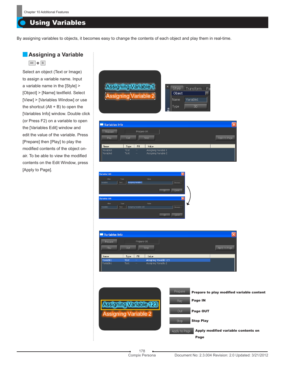 Using variables, Assigning a variable | Compix Persona User Manual | Page 178 / 209