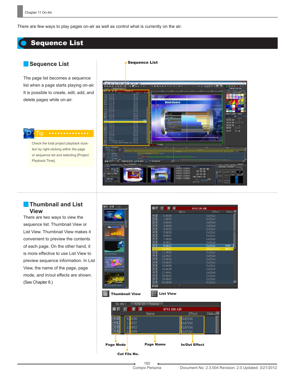 Sequence list, Thumbnail and list view | Compix Persona User Manual | Page 180 / 209