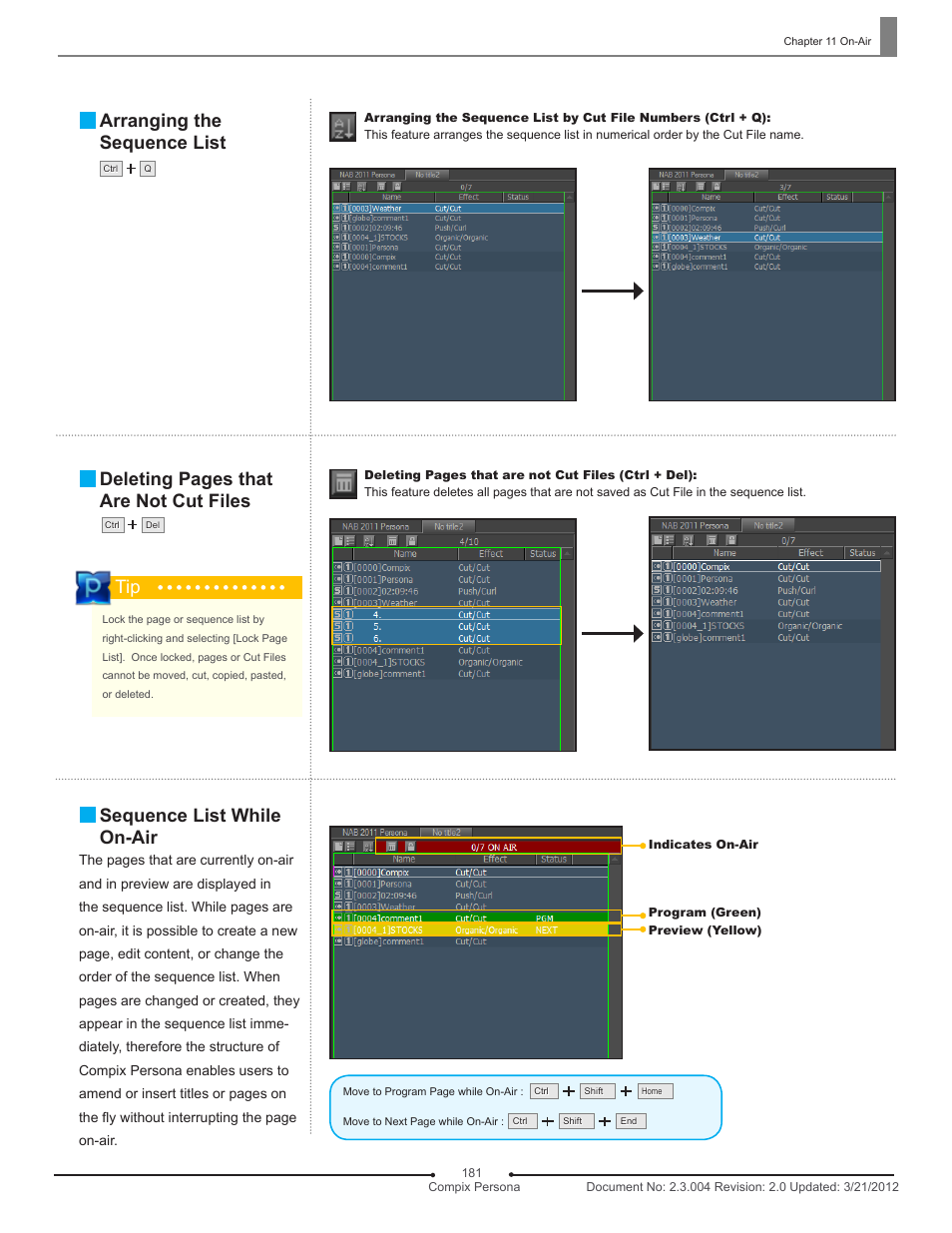 Arranging the sequence list, Deleting pages that are not cut files, Sequence list while on-air tip | Compix Persona User Manual | Page 181 / 209