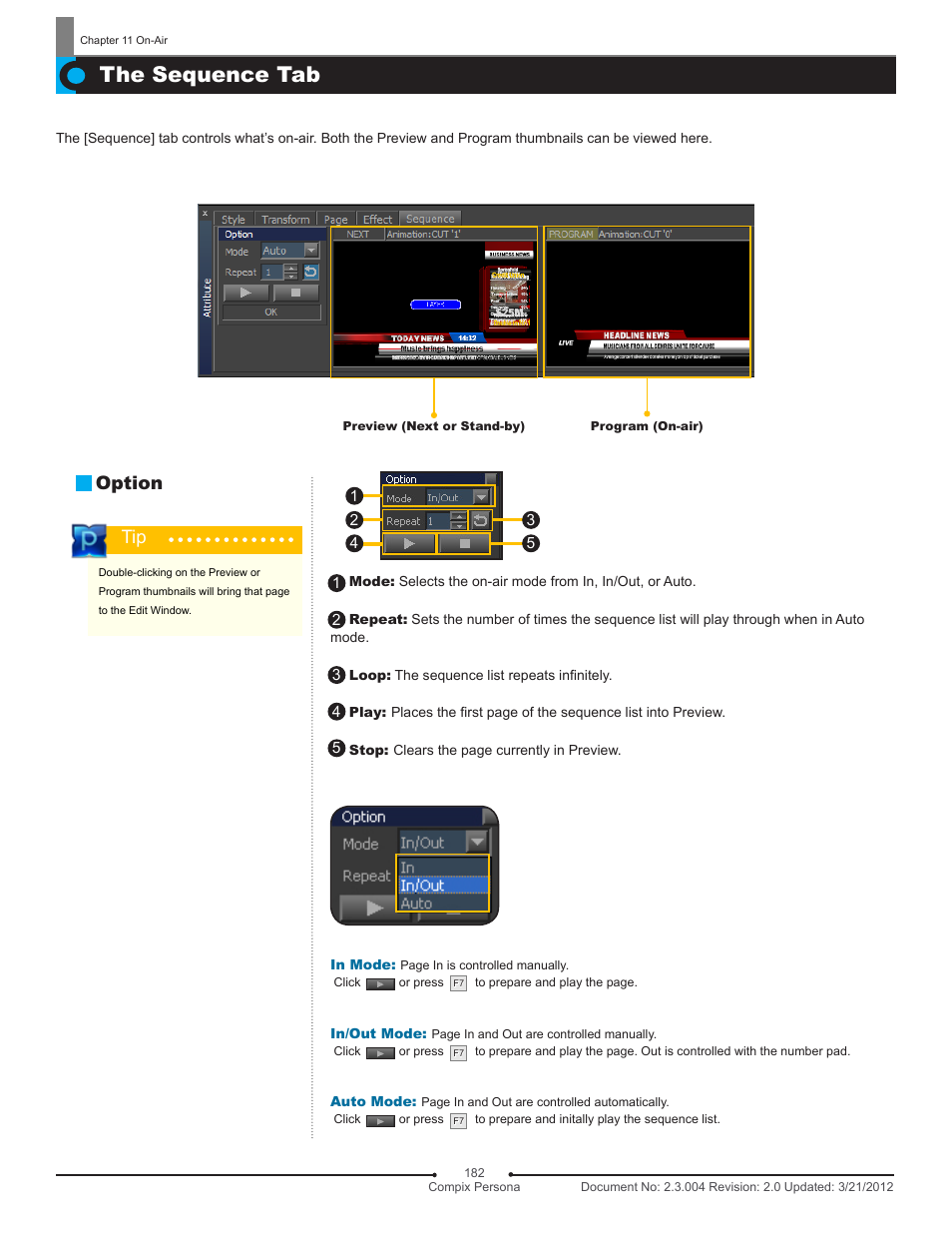 The sequence tab, Option | Compix Persona User Manual | Page 182 / 209