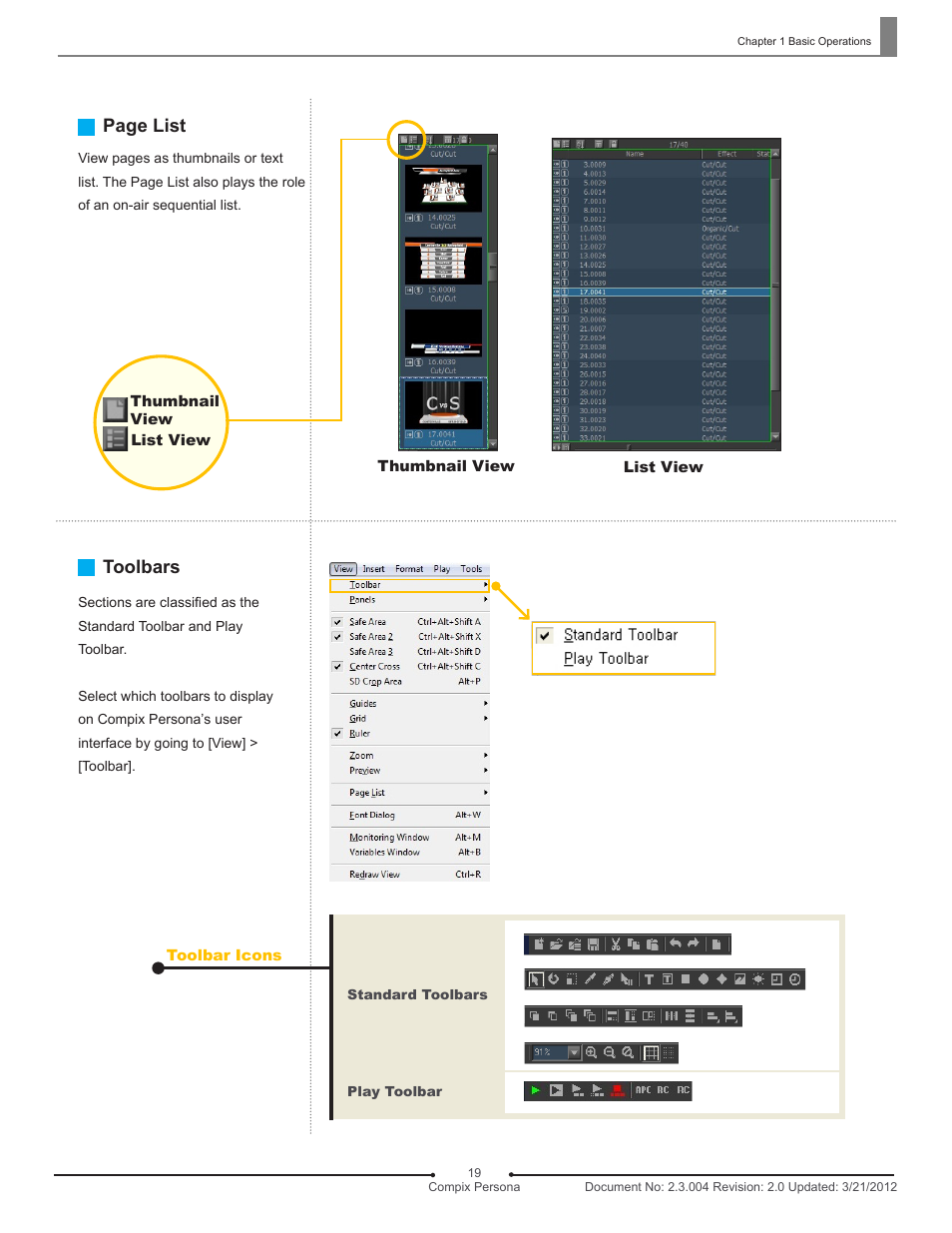 Page list, Toolbars | Compix Persona User Manual | Page 19 / 209