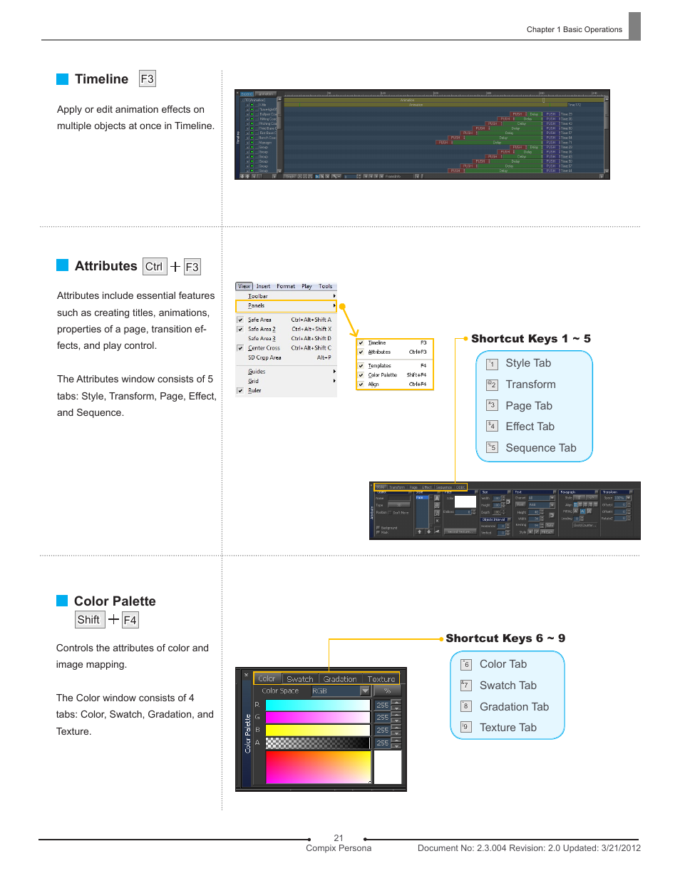 Attributes, Color palette, Timeline | Color tab swatch tab gradation tab texture tab, Shortcut keys 6 ~ 9 | Compix Persona User Manual | Page 21 / 209