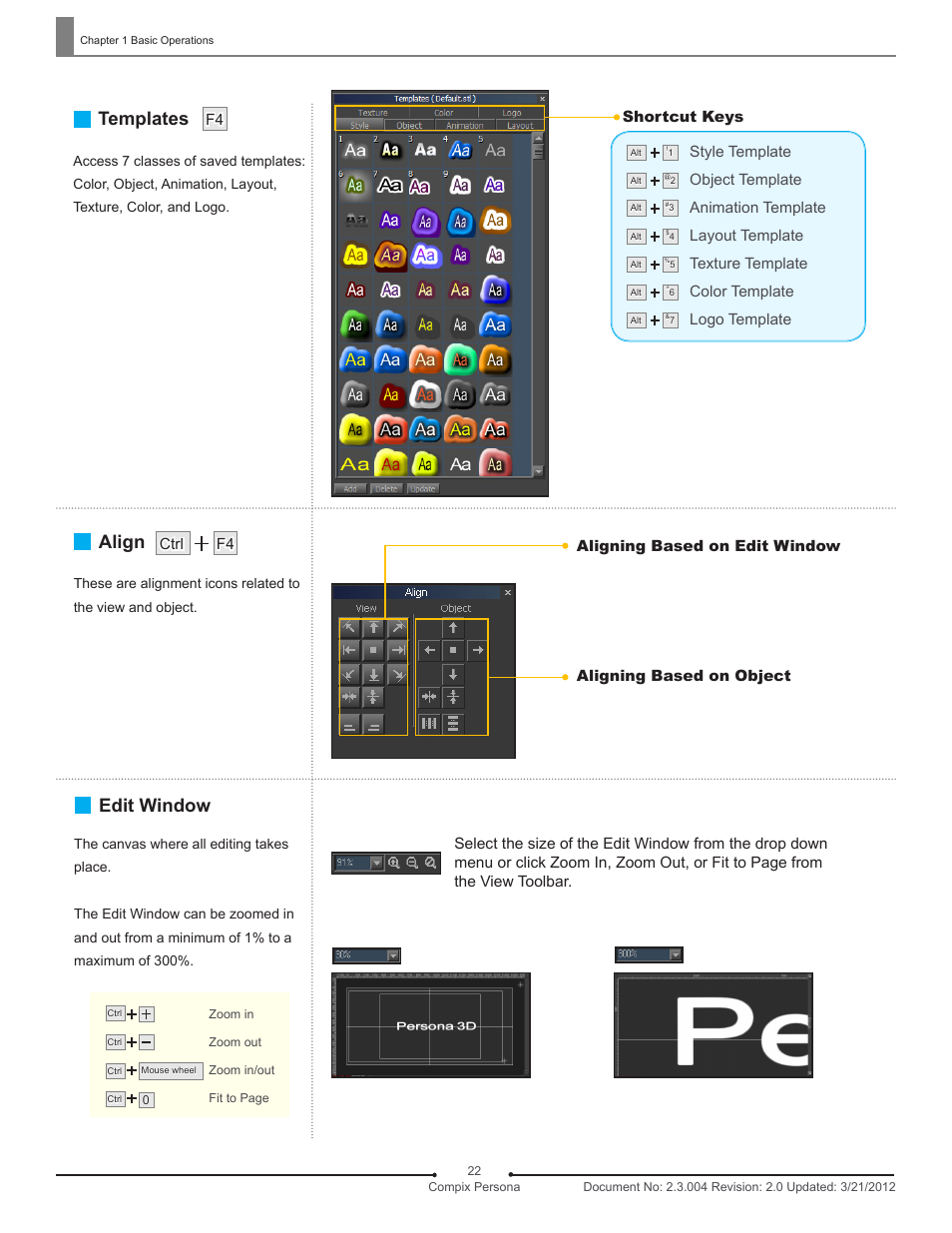 Templates, Align, Edit window | Compix Persona User Manual | Page 22 / 209