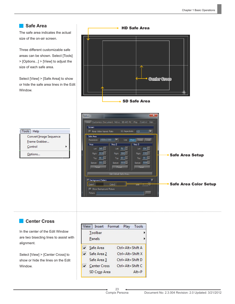 Safe area, Center cross | Compix Persona User Manual | Page 23 / 209