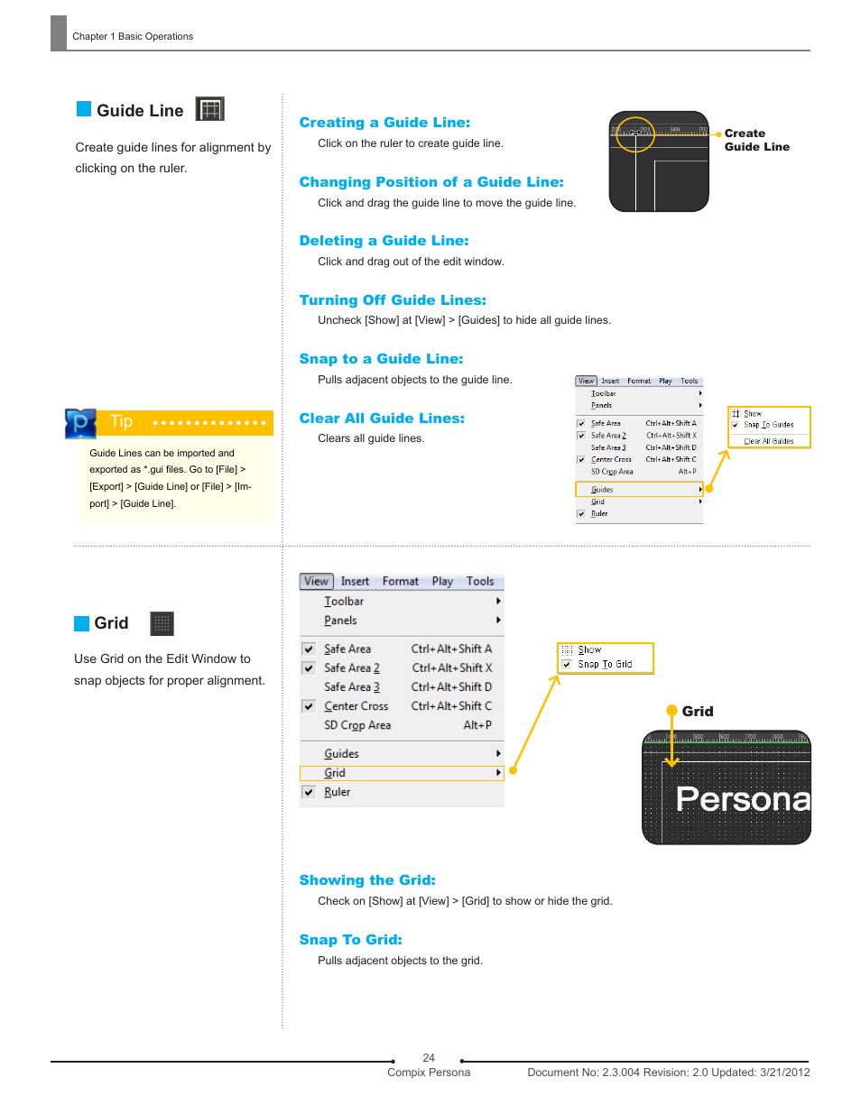 Guide line, Grid | Compix Persona User Manual | Page 24 / 209