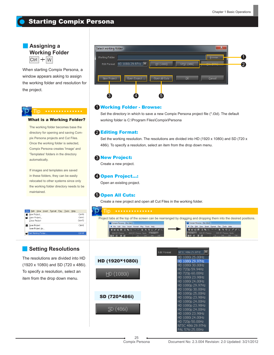 Starting compix persona, Assigning a working folder tip, Setting resolutions | Compix Persona User Manual | Page 25 / 209