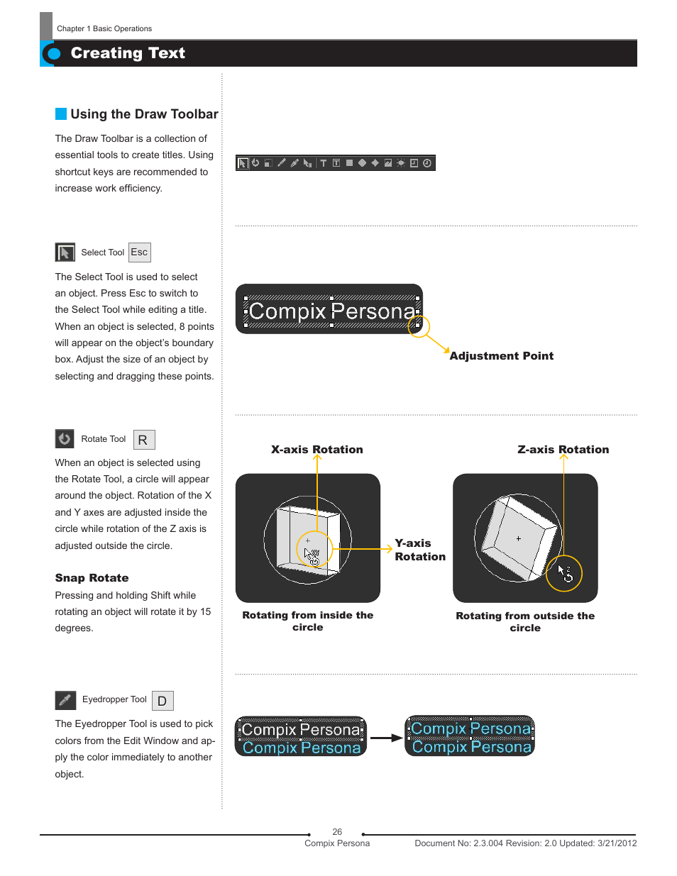 Creating t, Creating text, Using the draw toolbar | Compix Persona User Manual | Page 26 / 209