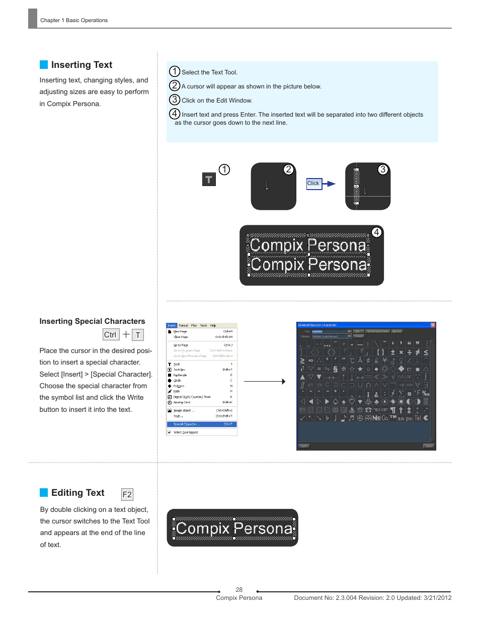 Editing text inserting text | Compix Persona User Manual | Page 28 / 209