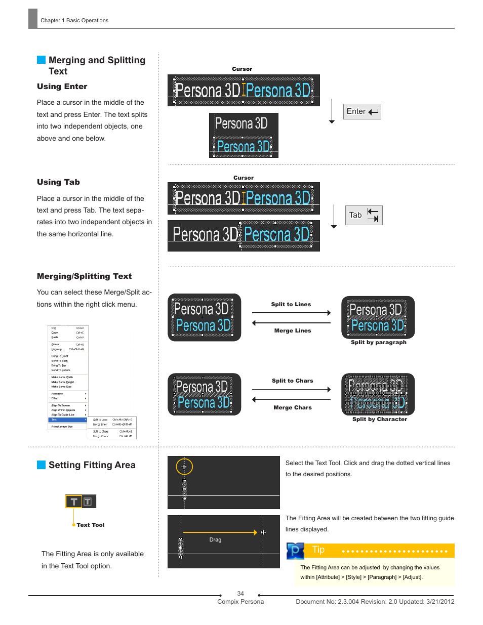 Merging and splitting text, Setting fitting area | Compix Persona User Manual | Page 34 / 209