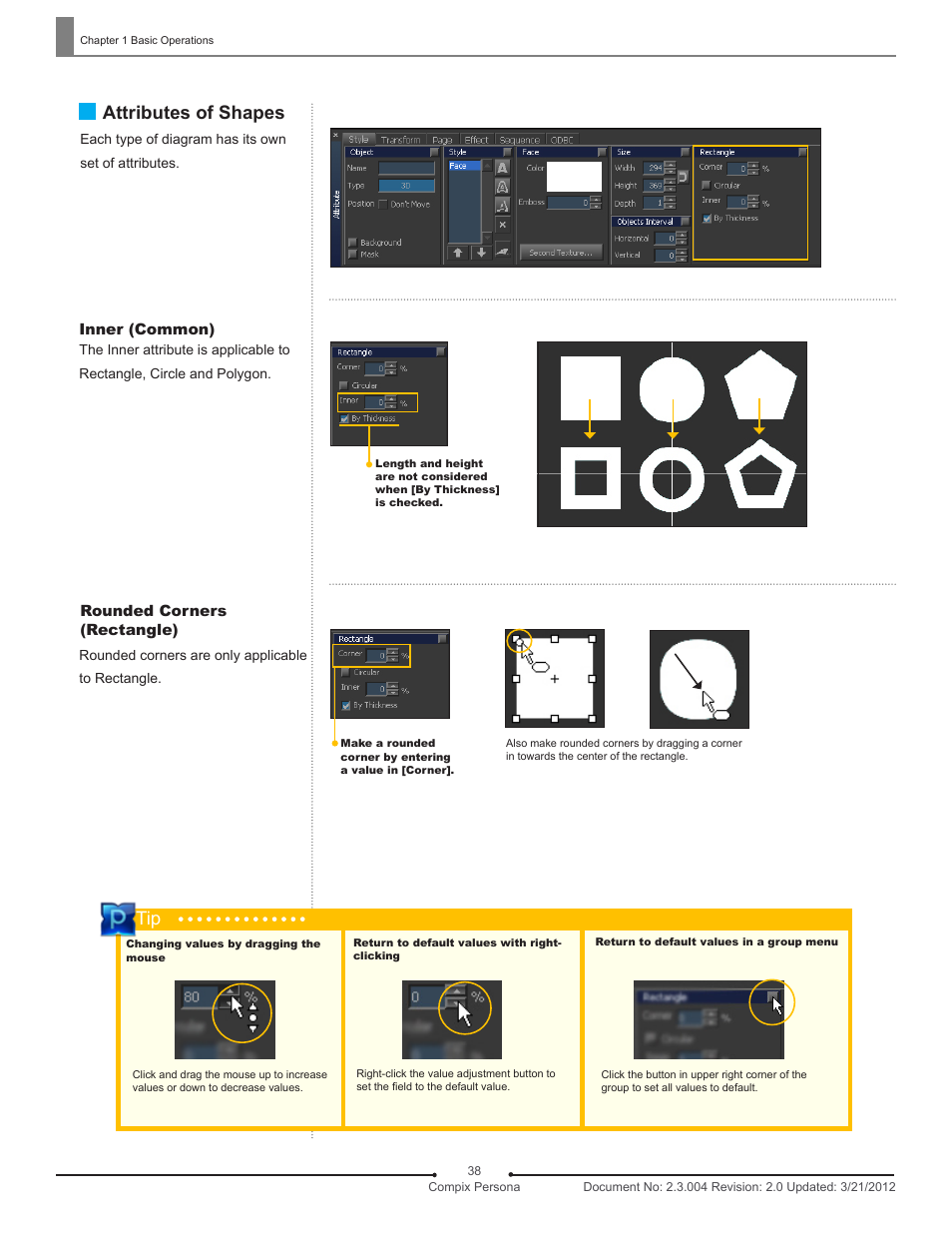 Attributes of shapes, Inner (common), Rounded corners (rectangle) | Compix Persona User Manual | Page 38 / 209