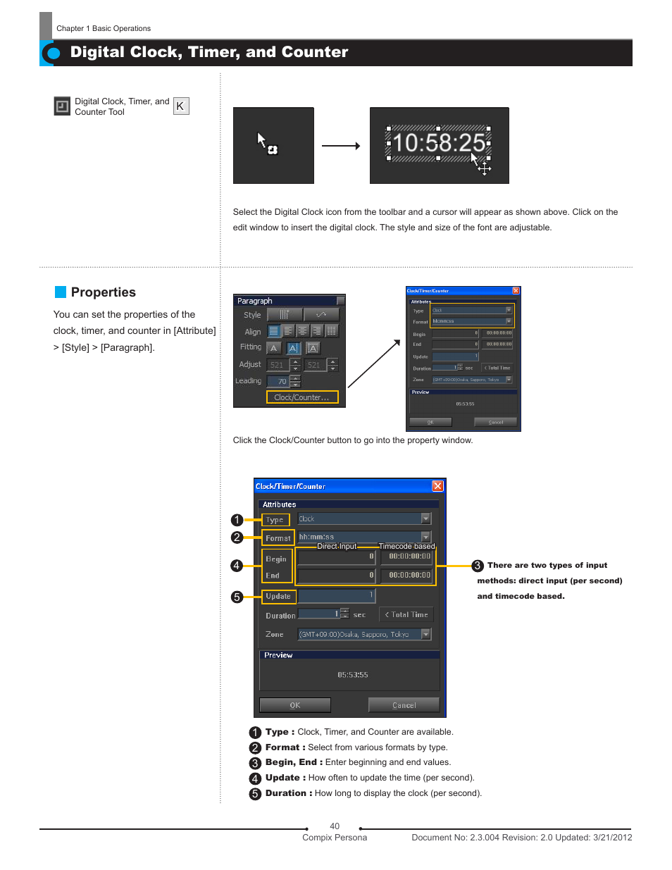 Digital clock, timer, and counter, Properties | Compix Persona User Manual | Page 40 / 209