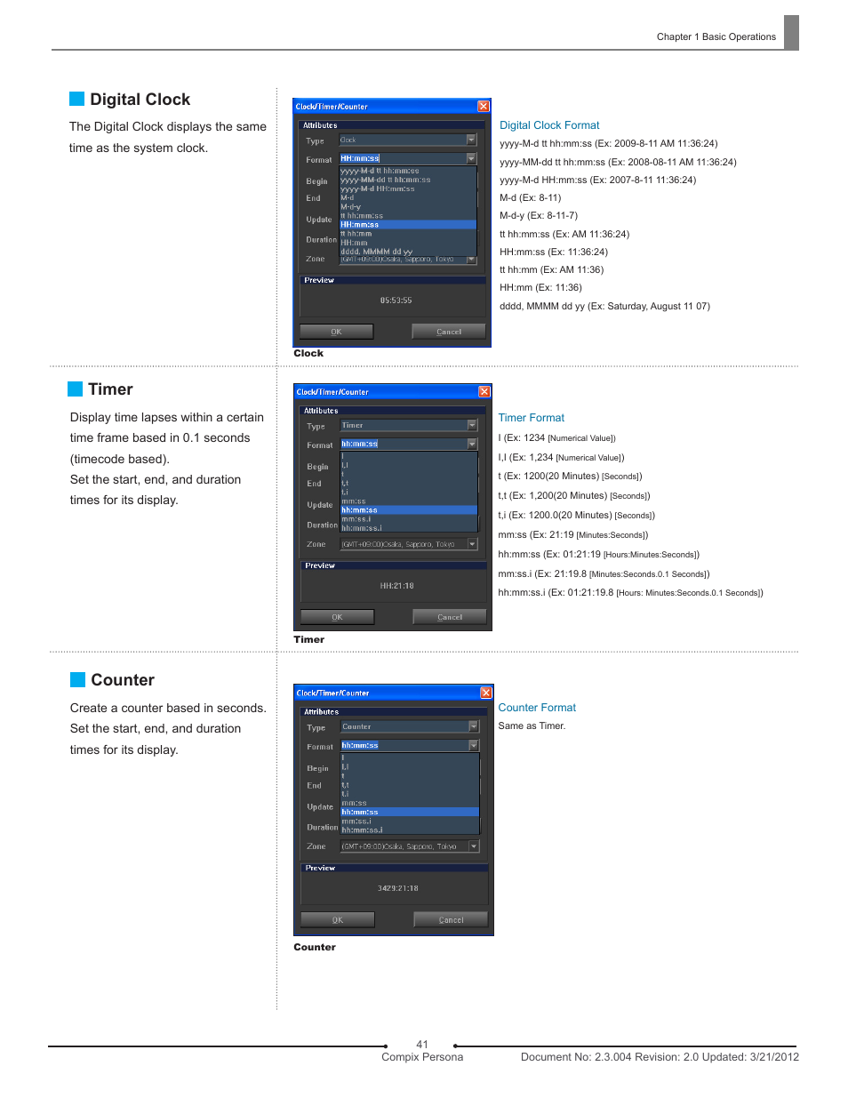 Counter, Timer, Digital clock | Compix Persona User Manual | Page 41 / 209
