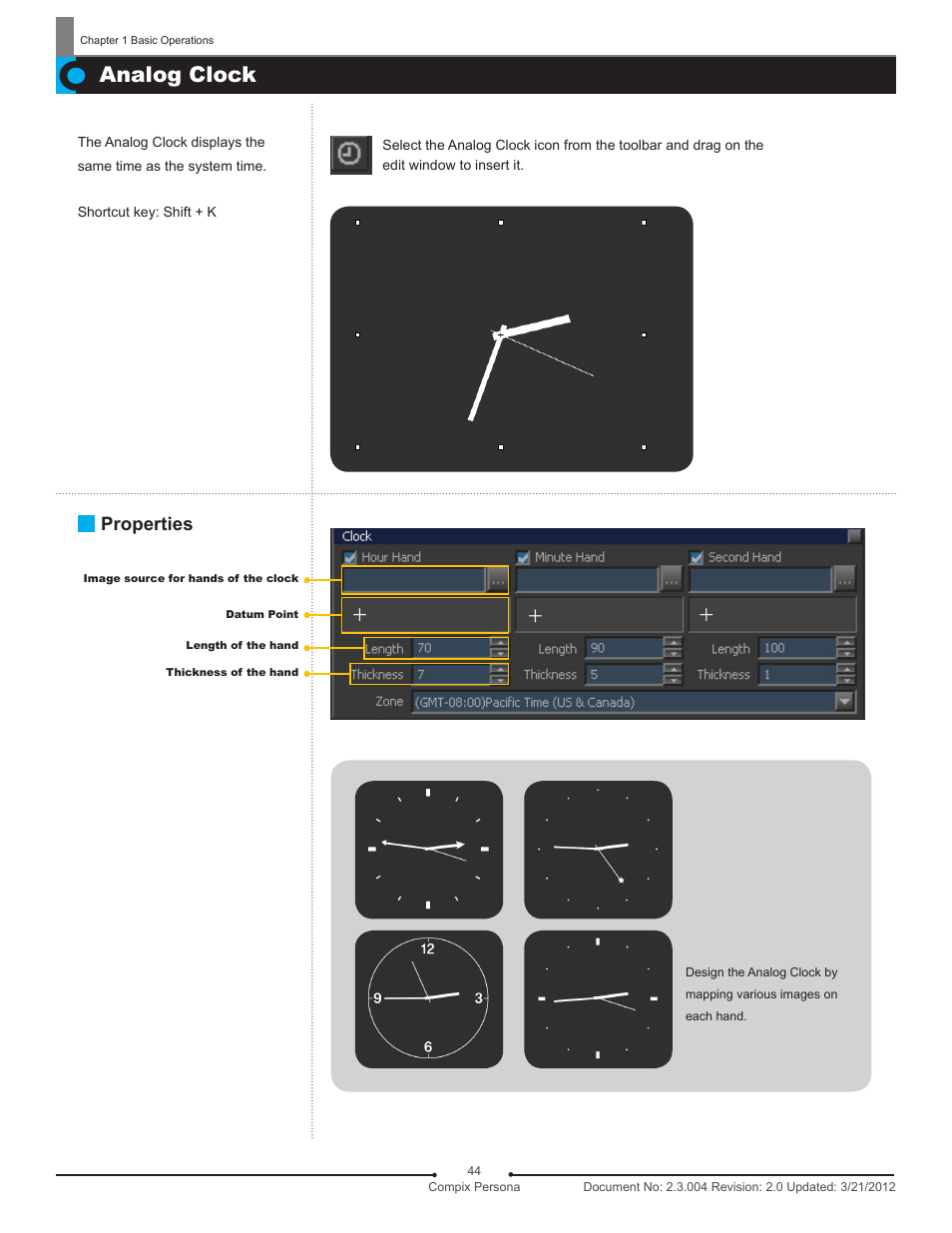 Analog clock, Properties | Compix Persona User Manual | Page 44 / 209