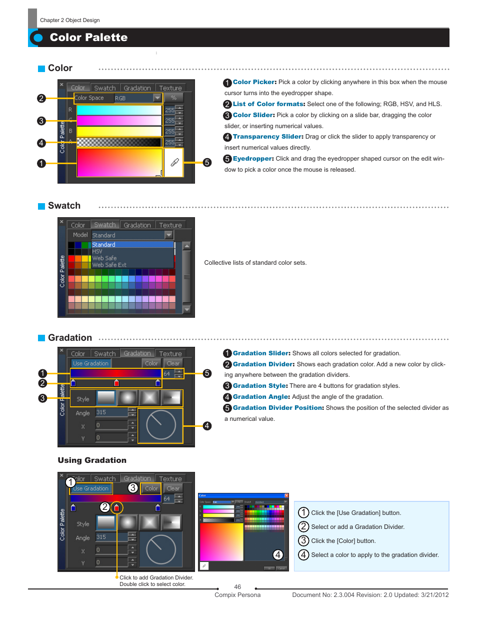 Color palette, Color, Swatch | Gradation | Compix Persona User Manual | Page 46 / 209