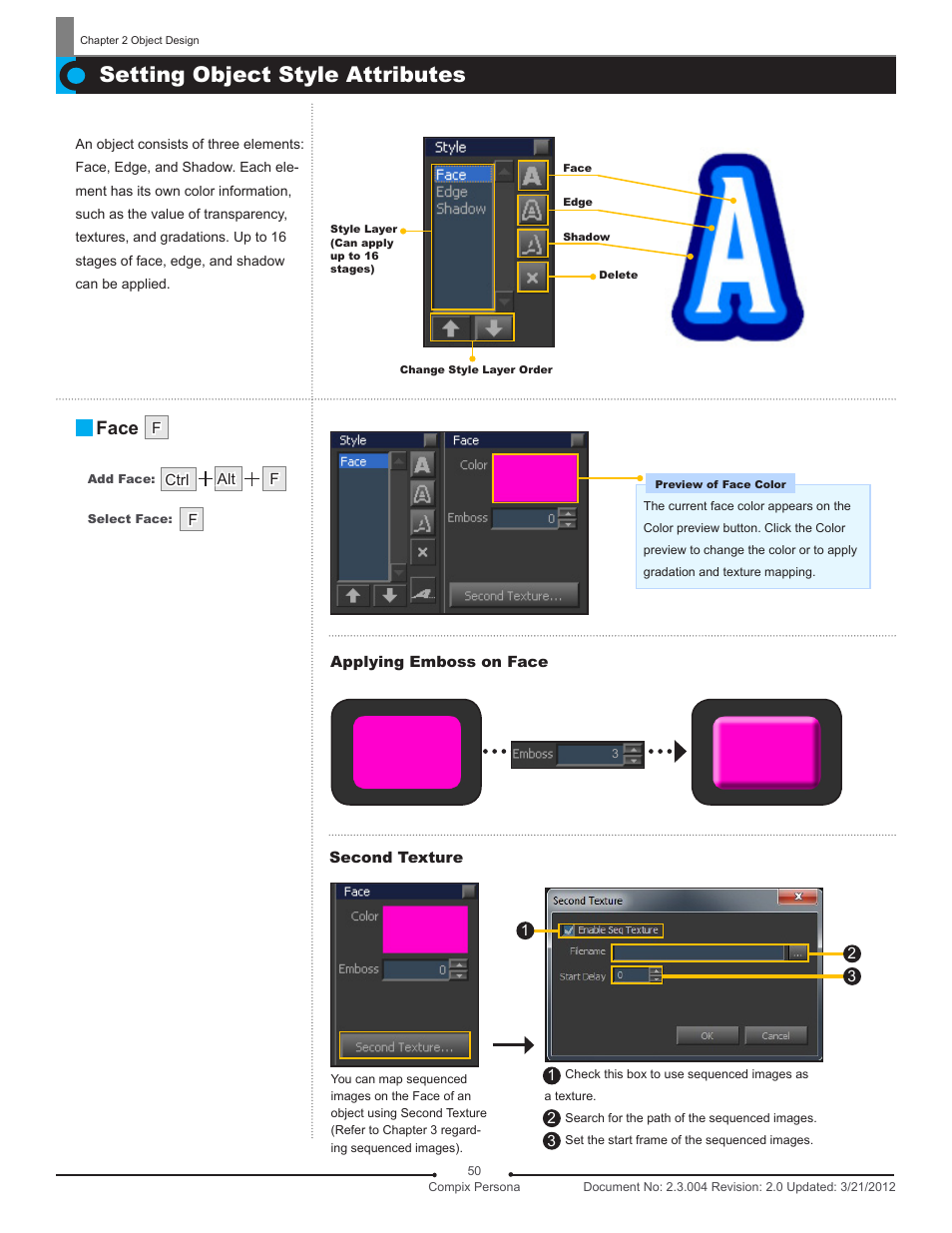 Setting object style attributes, Face | Compix Persona User Manual | Page 50 / 209