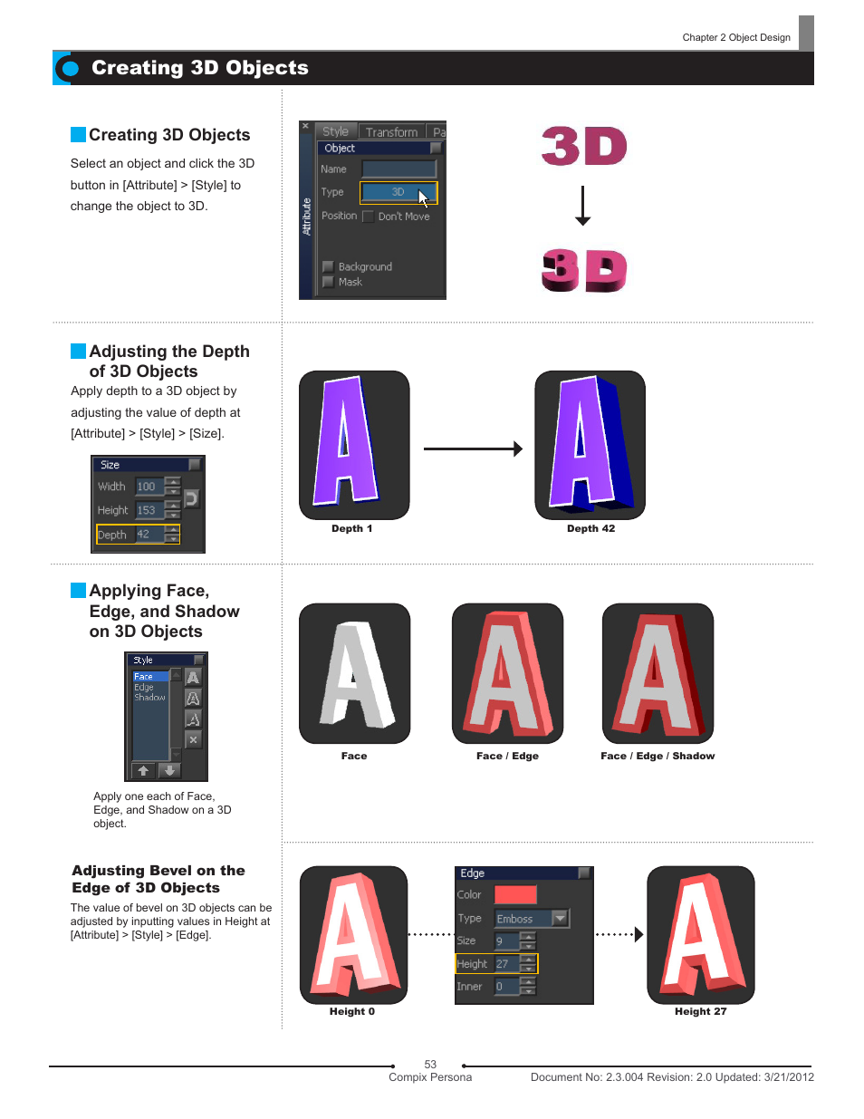 Creating 3d objects, Adjusting the depth of 3d objects, Applying face, edge, and shadow on 3d objects | Compix Persona User Manual | Page 53 / 209