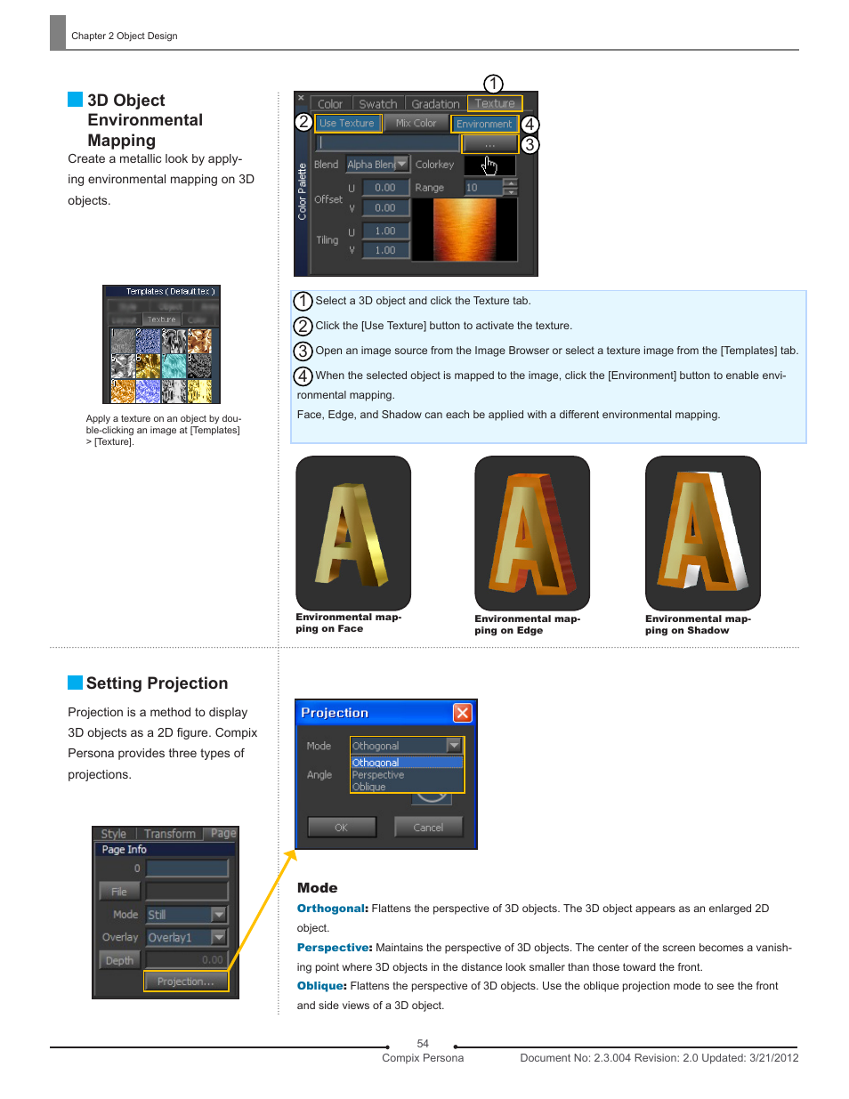 3d object environmental mapping, Setting projection | Compix Persona User Manual | Page 54 / 209