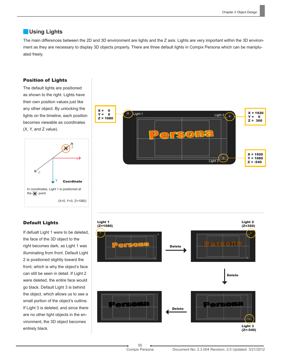 Using lights, Position of lights, Default lights | Compix Persona User Manual | Page 55 / 209