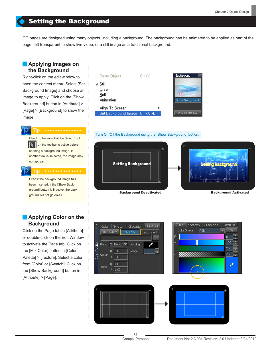 Setting the background, Applying images on the background, Applying color on the background | Compix Persona User Manual | Page 57 / 209
