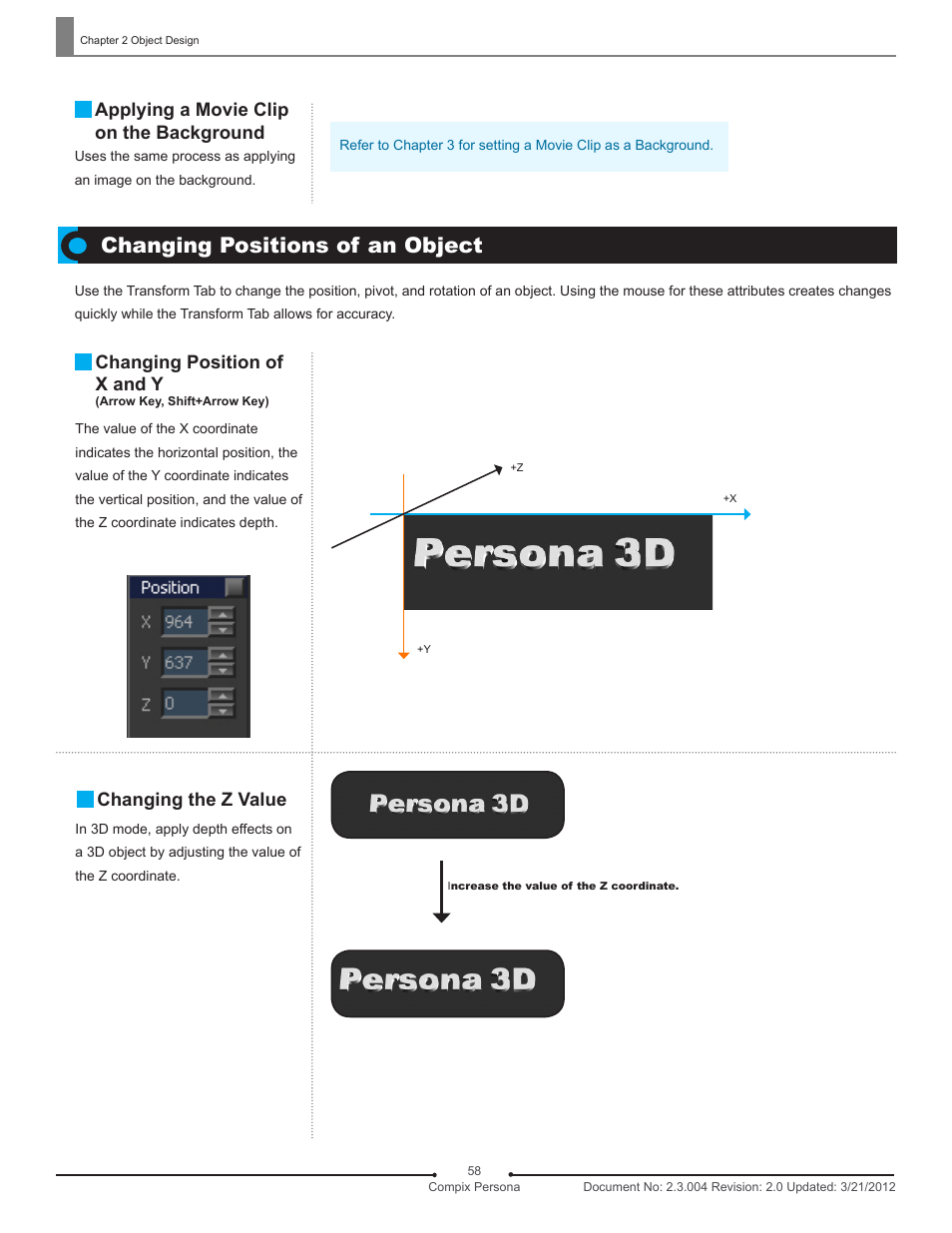 Changing positions of an object, Applying a movie clip on the background, Changing position of x and y | Changing the z value | Compix Persona User Manual | Page 58 / 209