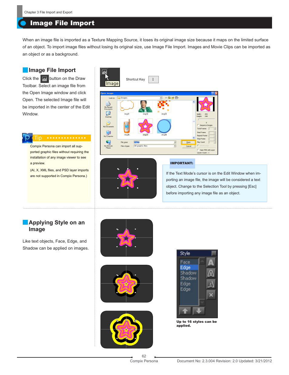 Image file import, Applying style on an image | Compix Persona User Manual | Page 62 / 209
