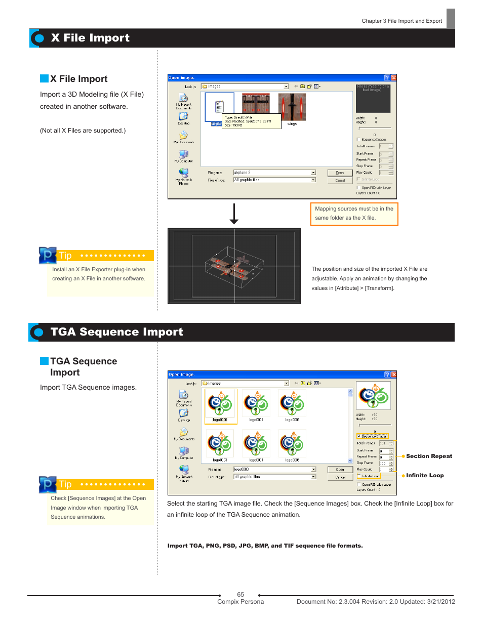 X file import, Tga sequence import, X file import tga sequence import | Compix Persona User Manual | Page 65 / 209