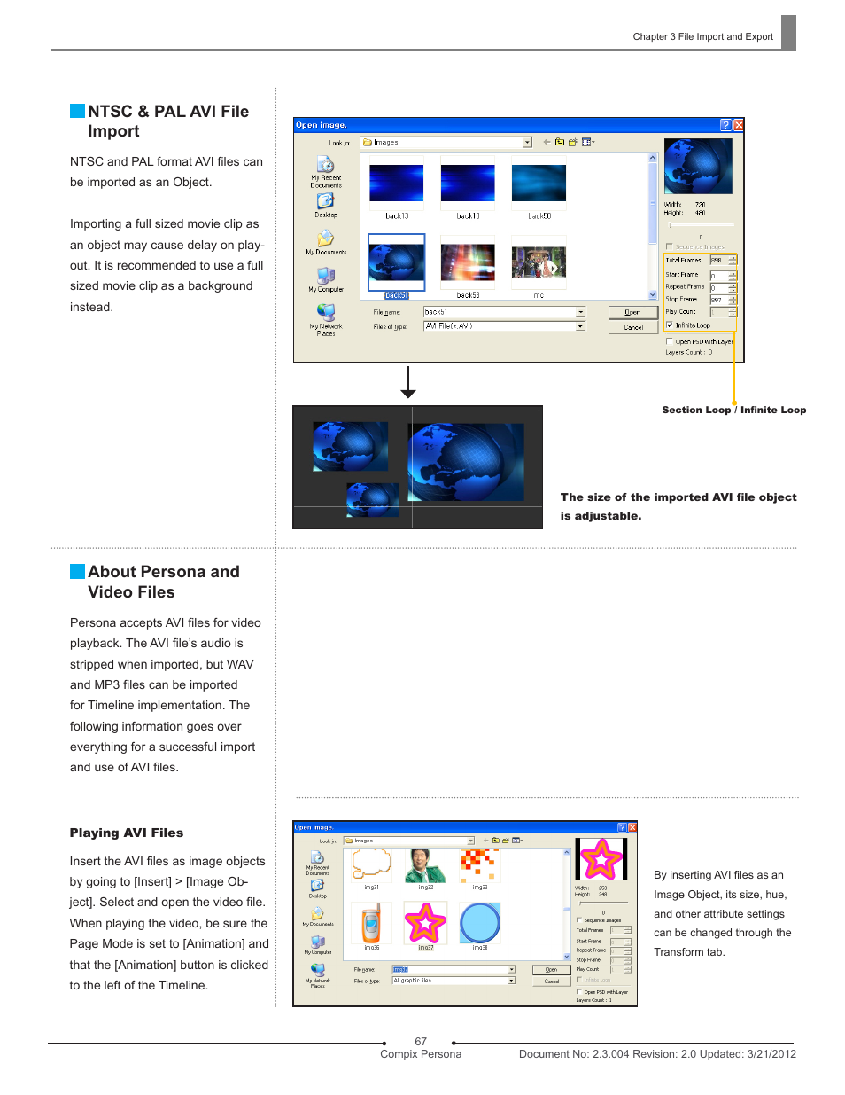 Ntsc & pal avi file import, About persona and video files | Compix Persona User Manual | Page 67 / 209