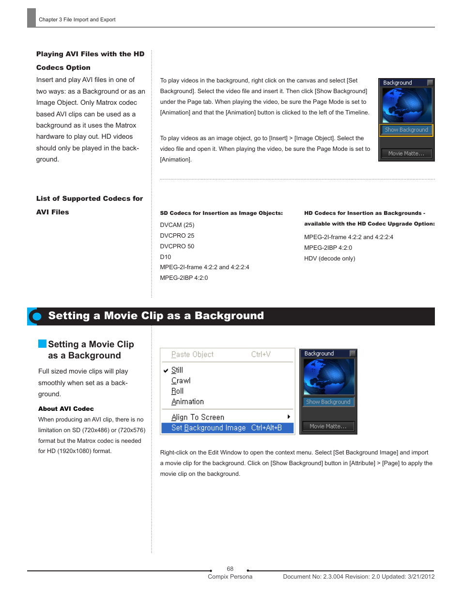 Setting a movie clip as a background | Compix Persona User Manual | Page 68 / 209