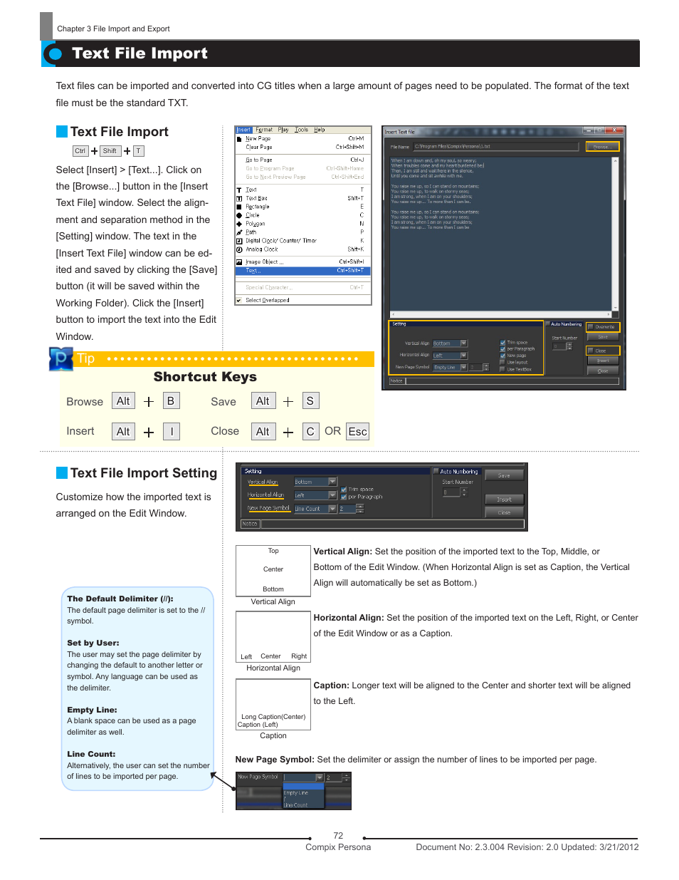 Text file import, Text file import setting, Tip shortcut keys | Compix Persona User Manual | Page 72 / 209