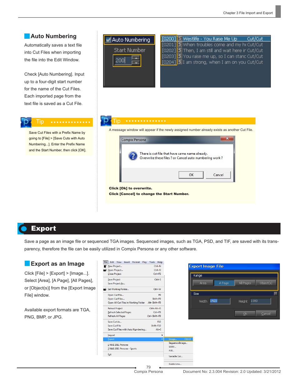 Export, Auto numbering, Export as an image | Compix Persona User Manual | Page 79 / 209