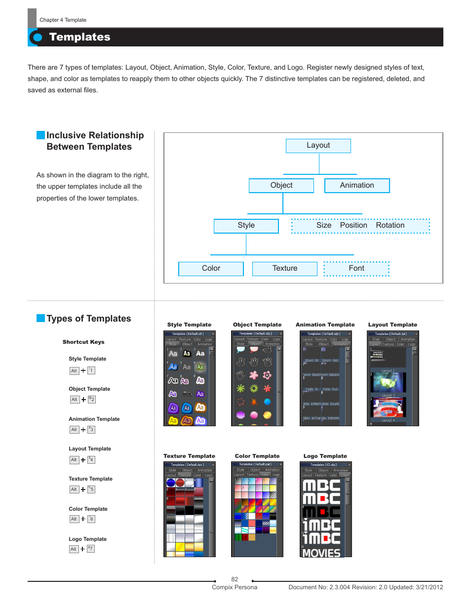 Templates, Inclusive relationship between templates, Types of templates | Compix Persona User Manual | Page 82 / 209