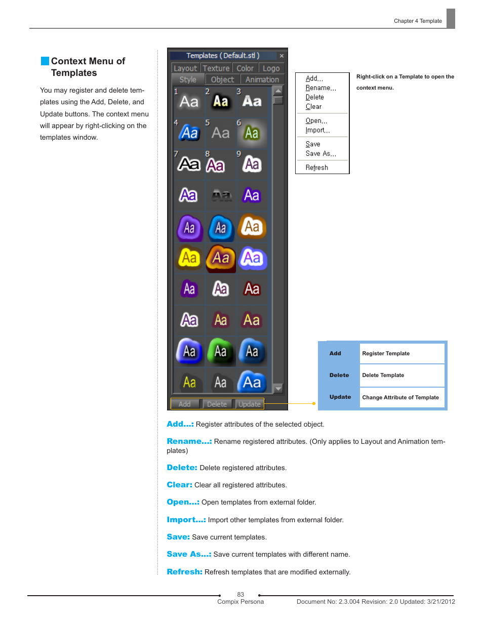 Context menu of templates | Compix Persona User Manual | Page 83 / 209