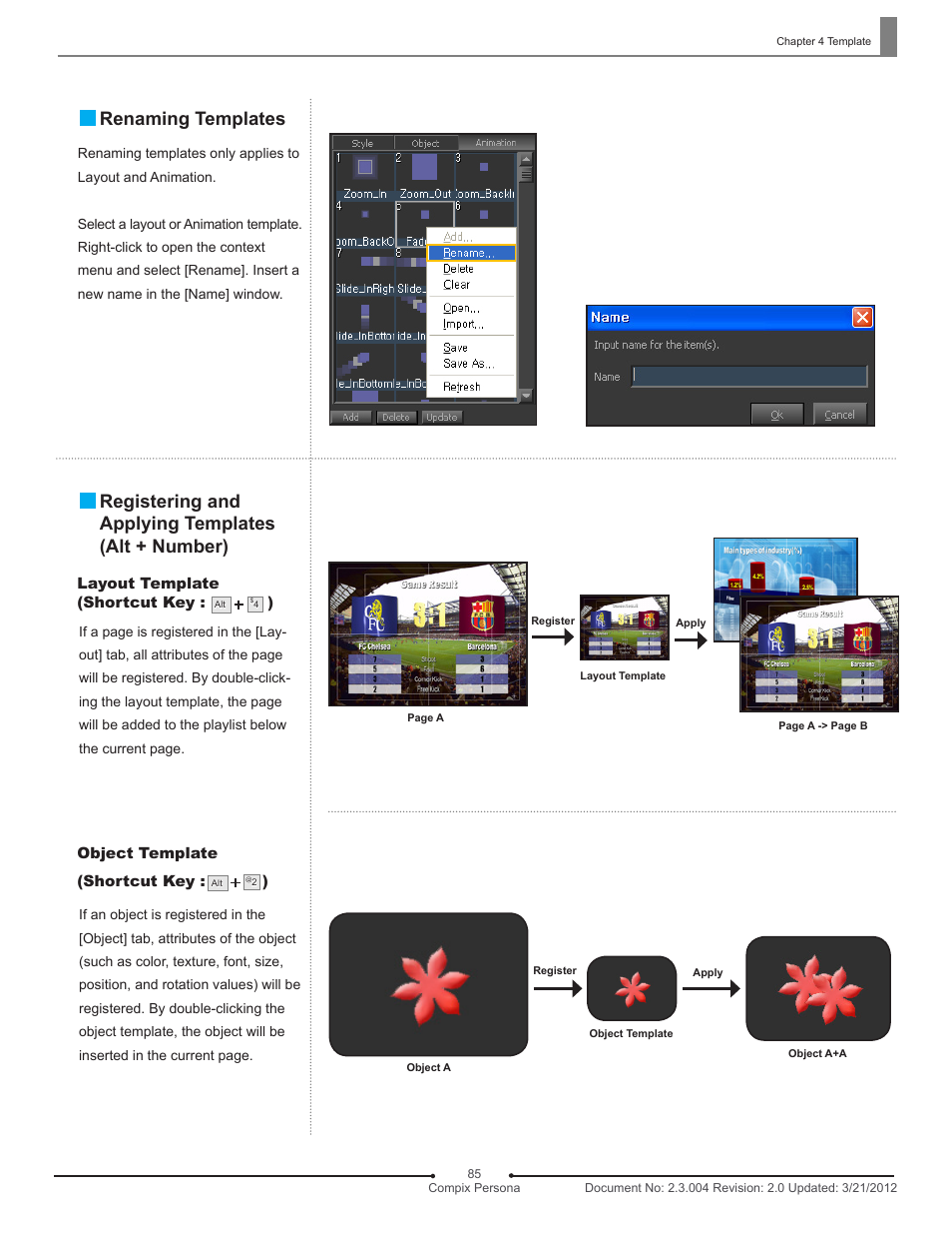 Renaming templates, Registering and applying templates (alt + number) | Compix Persona User Manual | Page 85 / 209