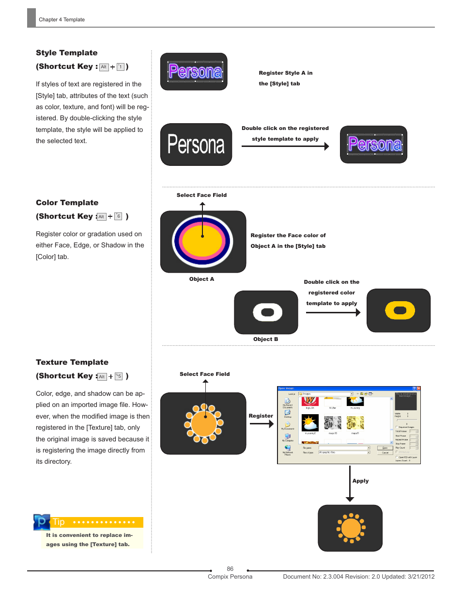 Style template (shortcut key : ), Color template (shortcut key : ), Texture template (shortcut key : ) | Compix Persona User Manual | Page 86 / 209