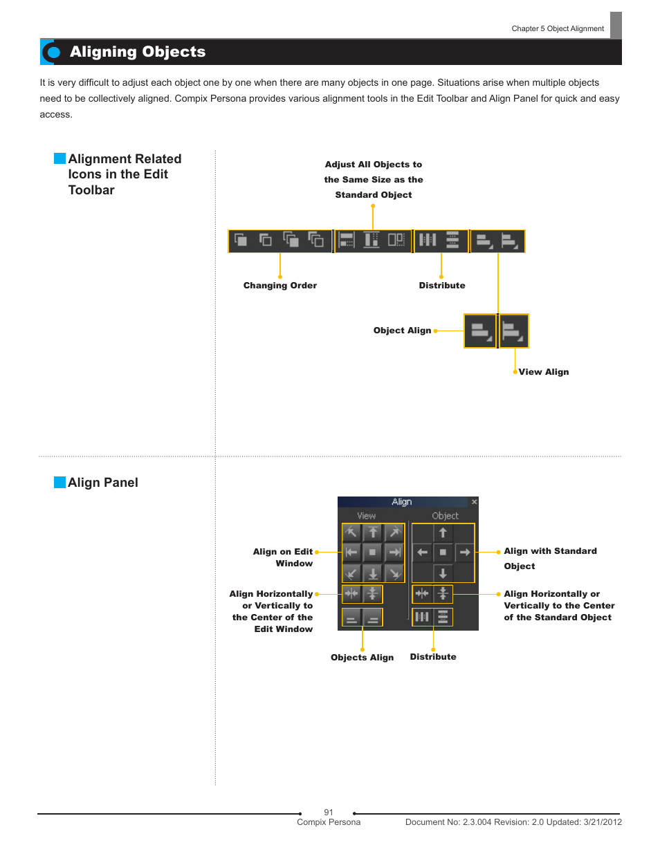 Aligning objects, Alignment related icons in the edit toolbar, Align panel | Compix Persona User Manual | Page 91 / 209