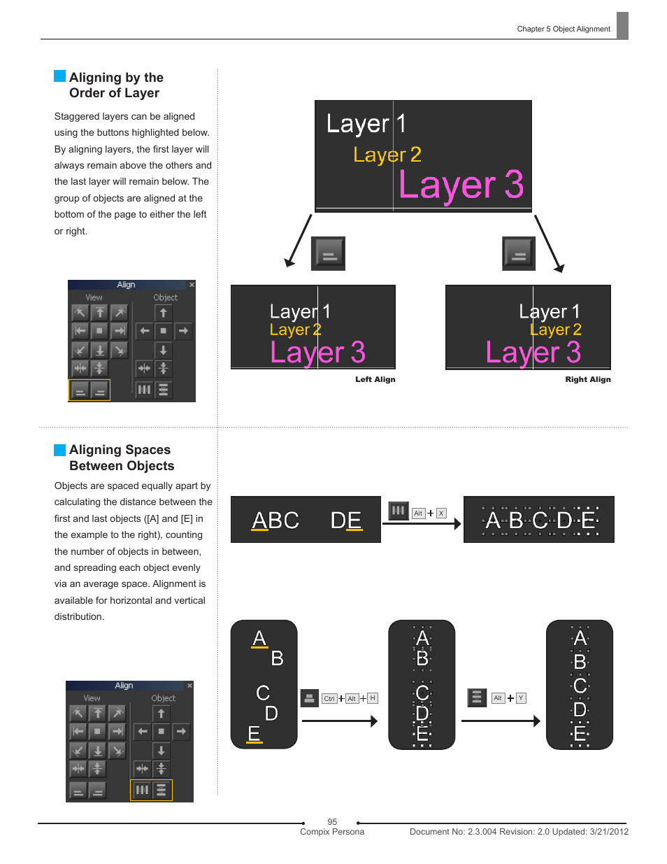 Aligning by the order of layer, Aligning spaces between objects | Compix Persona User Manual | Page 95 / 209