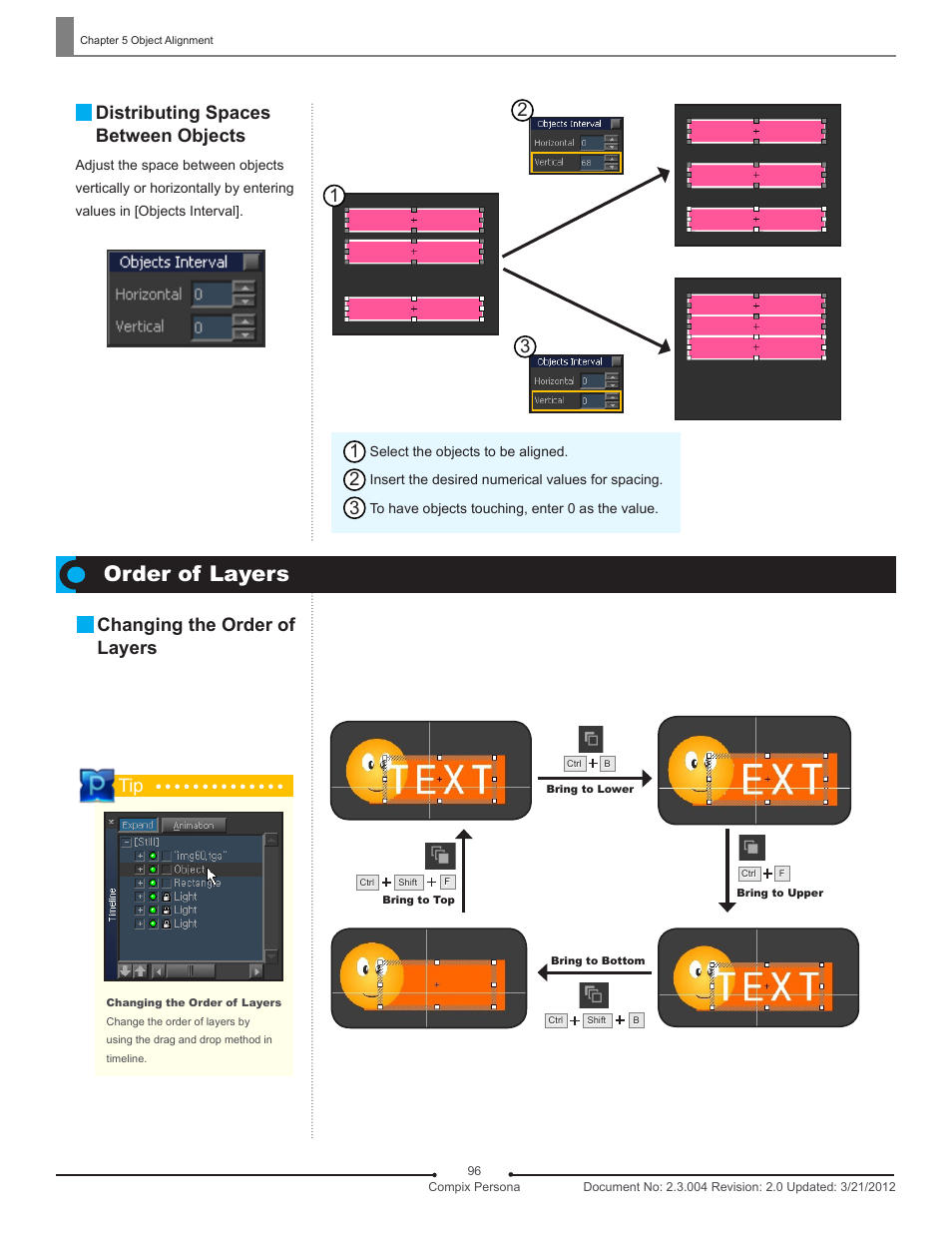 Order of layers, Distributing spaces between objects, Changing the order of layers | Compix Persona User Manual | Page 96 / 209
