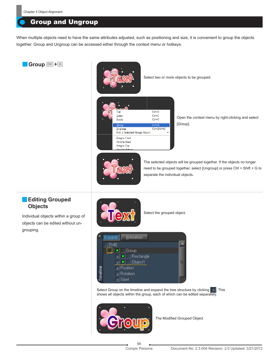 Group and ungroup, Group, Editing grouped objects | Compix Persona User Manual | Page 98 / 209