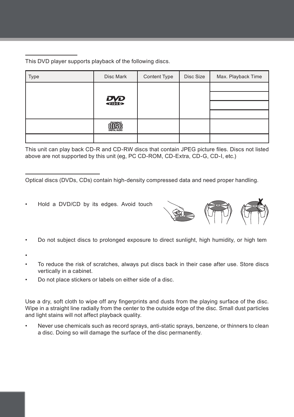 About optical discs, Disc requirements, Disc care and maintenance | Handling a disc, Cleaning a disc | COBY electronic TF-DVD8509 User Manual | Page 10 / 26