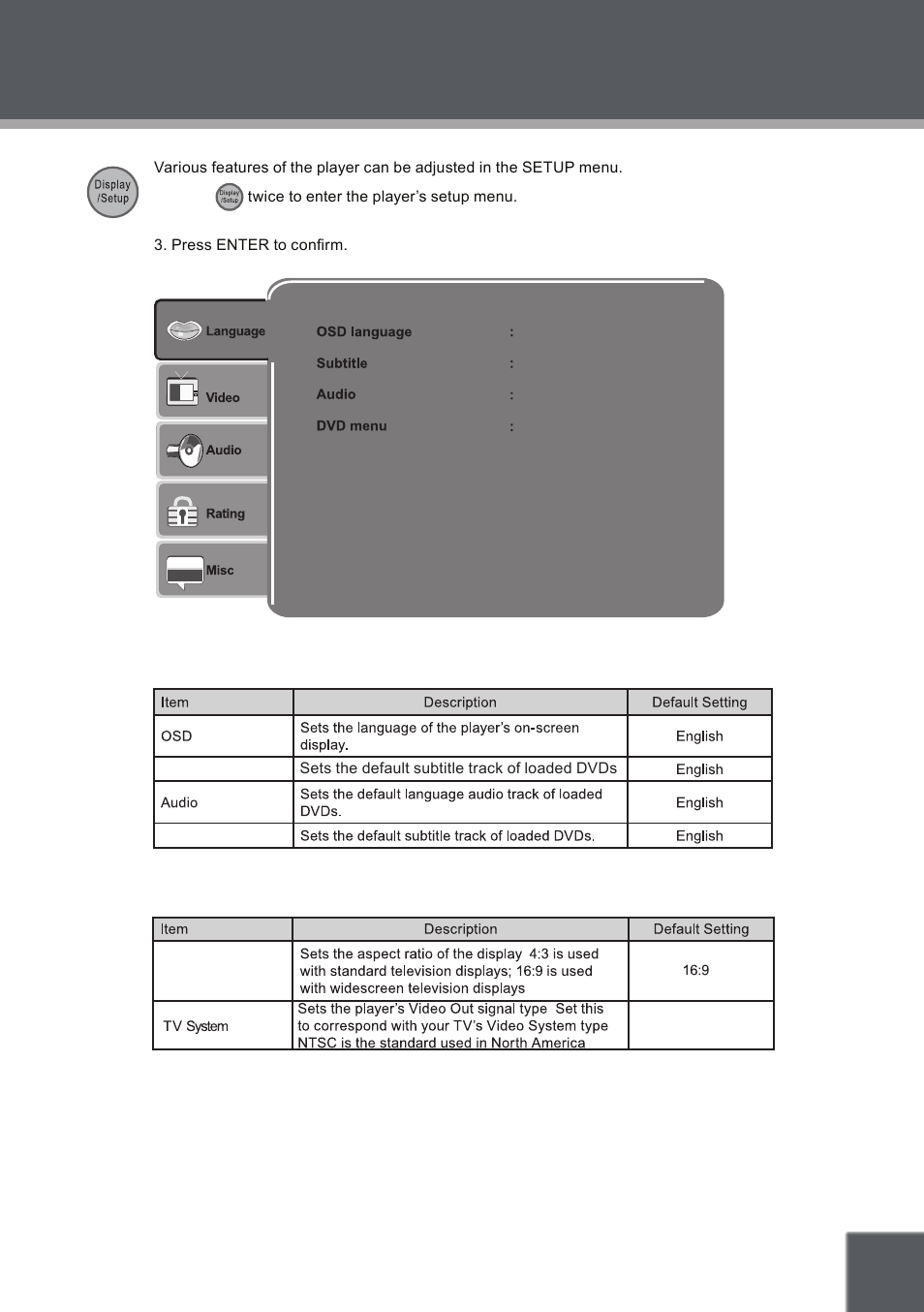 Custom setup, Audio setup, Setup | COBY electronic TF-DVD8509 User Manual | Page 21 / 26