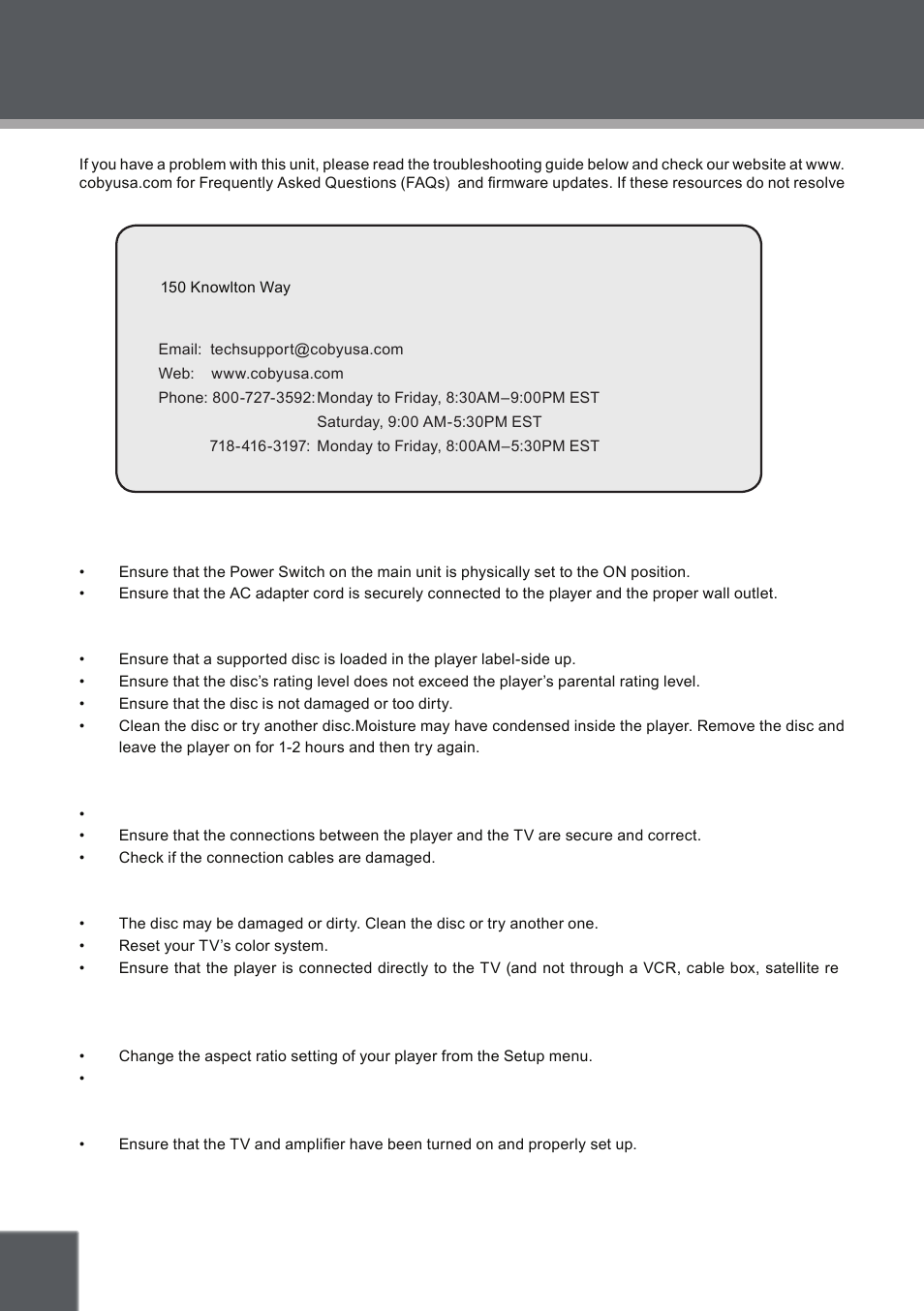 Troubleshooting | COBY electronic TF-DVD8509 User Manual | Page 24 / 26