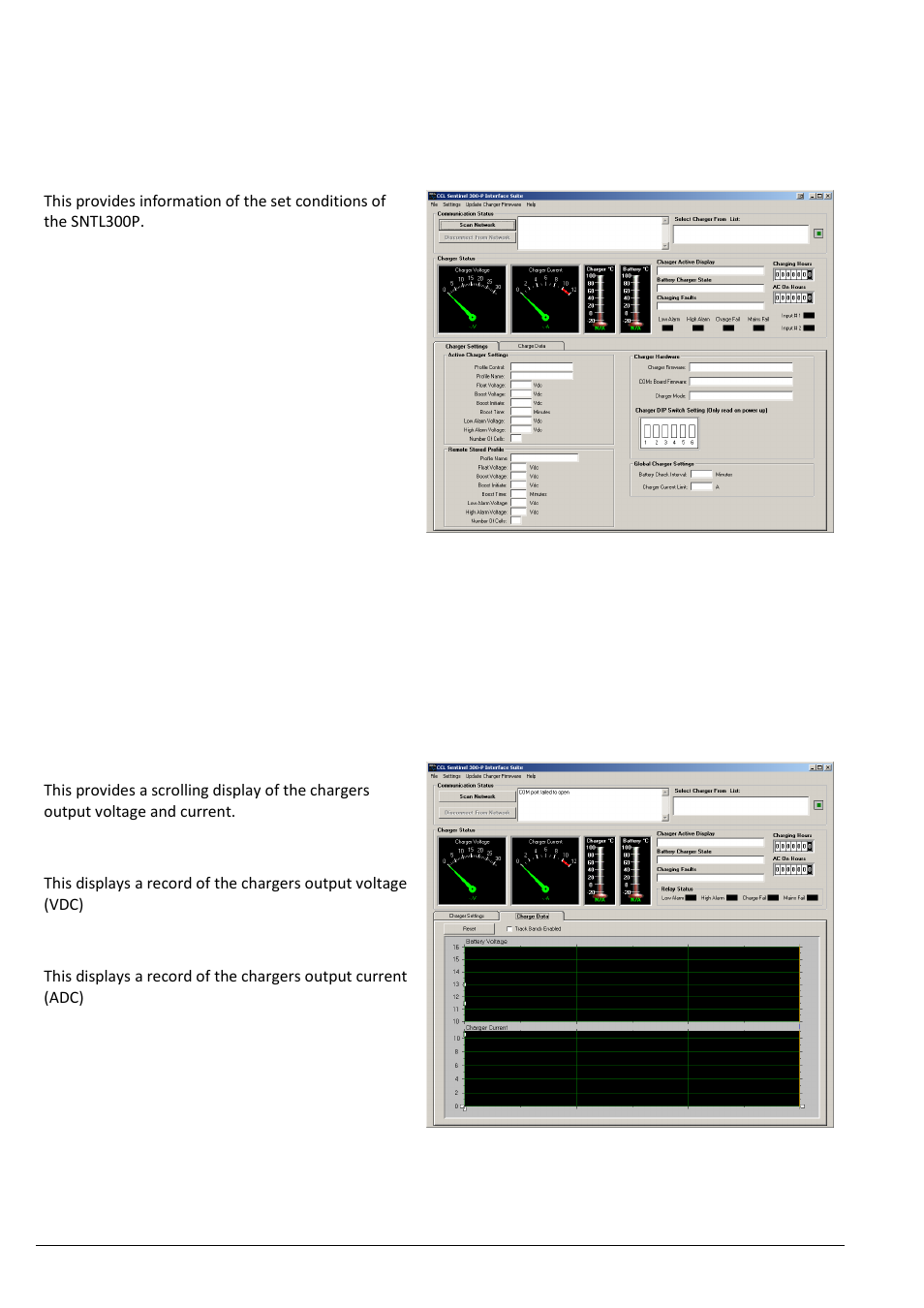 View level overview, Active charger settings, Remote stored profile | Charger hardware, Charger dip switch settings, Global charger settings, Battery voltage graph, Charger current graph | Computronic Controls Sentinel 300P User Manual | Page 10 / 22