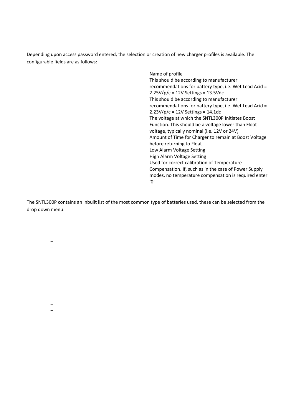 Sntl300p configurable settings, Charger profiles, Preset charger profiles | Computronic Controls Sentinel 300P User Manual | Page 13 / 22
