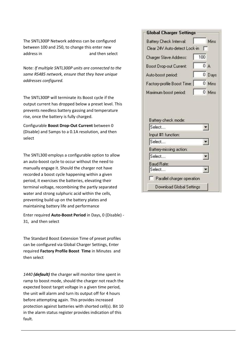 Setting charger address, Boost drop out current, Auto-boost period | Factory profile boost time | Computronic Controls Sentinel 300P User Manual | Page 17 / 22