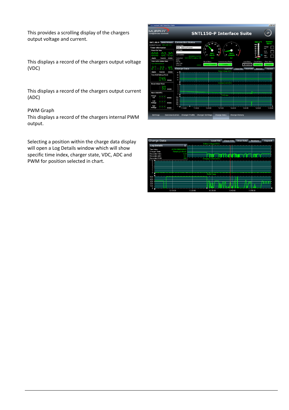 Battery voltage graph, Charger current graph | Computronic Controls Sentinel 150P User Manual | Page 13 / 28