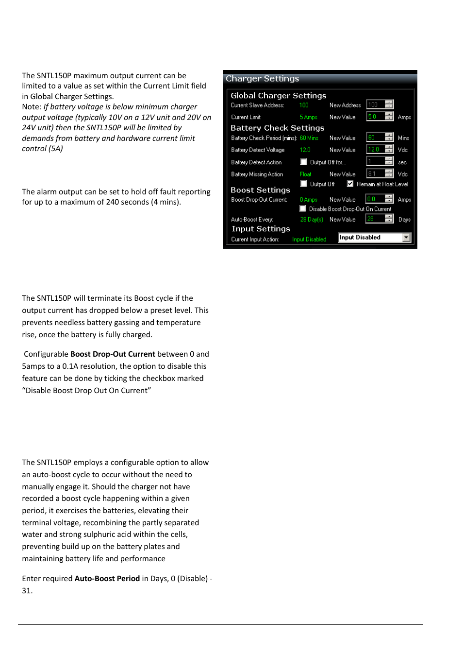 Setting charger current limit, Boost drop out current, Auto-boost period | Computronic Controls Sentinel 150P User Manual | Page 22 / 28